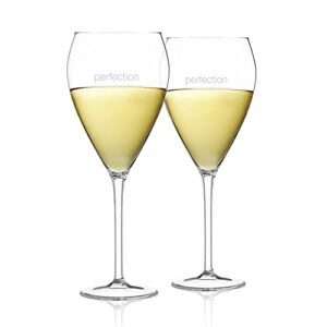 portion control wine glass, set of 2, elegant hand blown italian style lead-free premium crystal glass 10oz, with 5oz 100 calorie measurement etched line for red, white, rose or sparkling wine