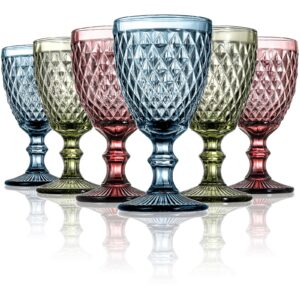 zoofox set of 6 wine glasses, 10 oz colored glass goblet with diamond pattern, embossed high clear glassware for party and wedding (multi-colors)