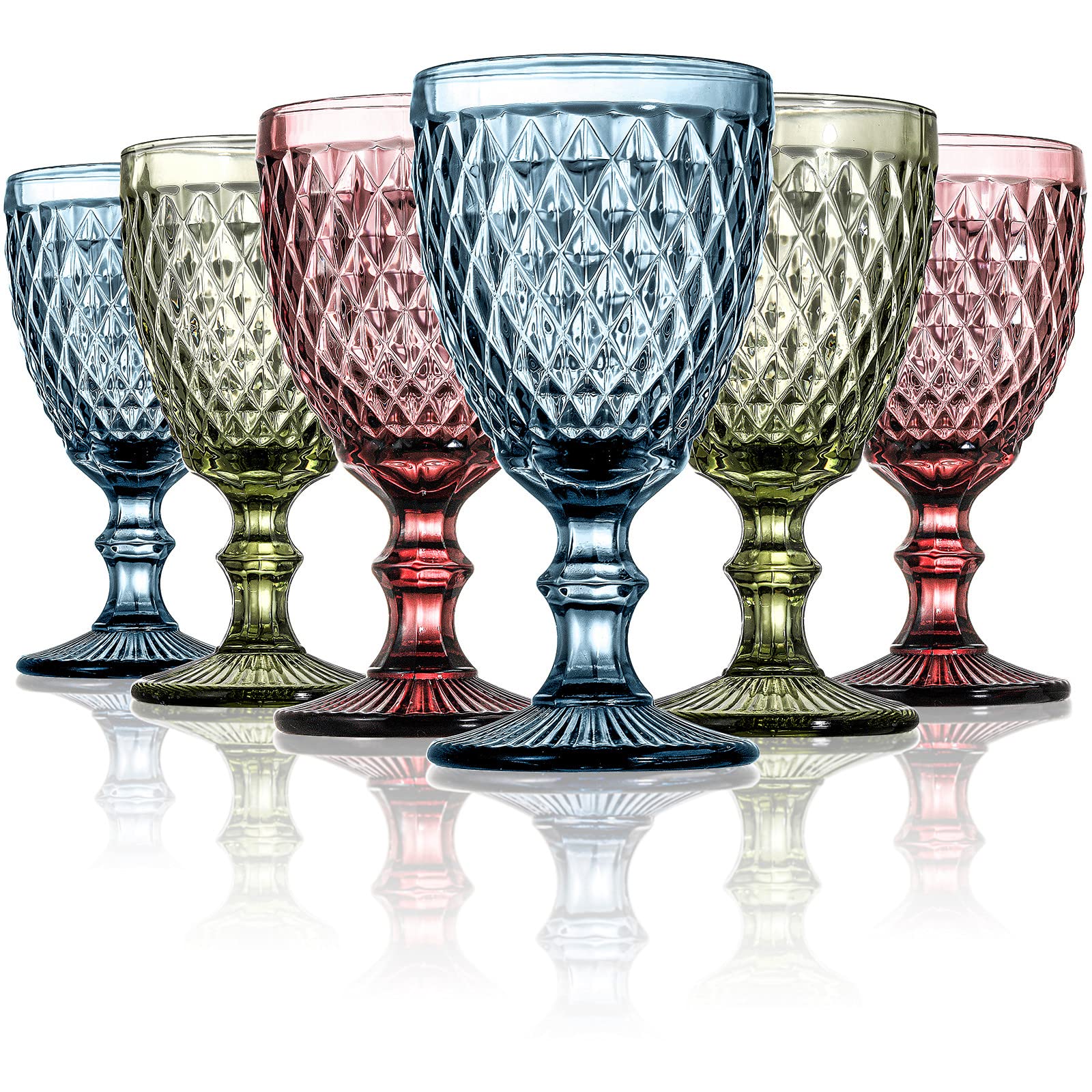 ZOOFOX Set of 6 Wine Glasses, 10 oz Colored Glass Goblet with Diamond Pattern, Embossed High Clear Glassware for Party and Wedding (Multi-Colors)