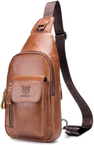bullcaptain genuine leather sling bag for men leather casual crossbody shoulder backpack travel hiking vintage chest bags mens daypacks (brown)