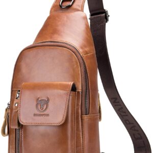 BULLCAPTAIN Genuine Leather Sling Bag for Men Leather Casual Crossbody Shoulder Backpack Travel Hiking Vintage Chest Bags Mens Daypacks (Brown)