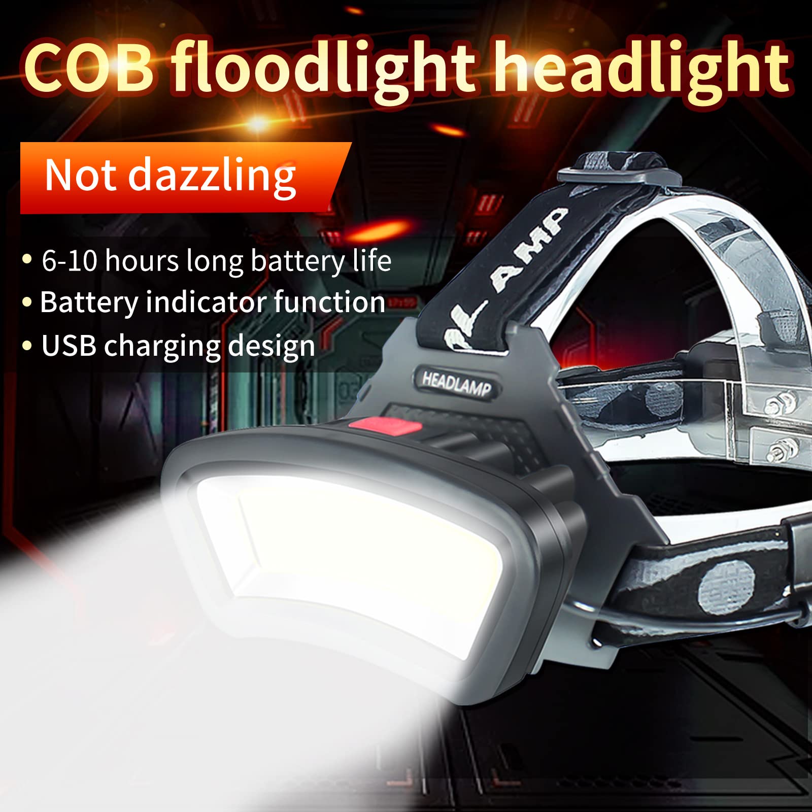 DARKBEAM COB Floodlight Headlamp USB Rechargeable with Red Light, 2000 Lumen LED Headlight - Car Maintenance and Night Construction 6-10 Hours Long Battery Life