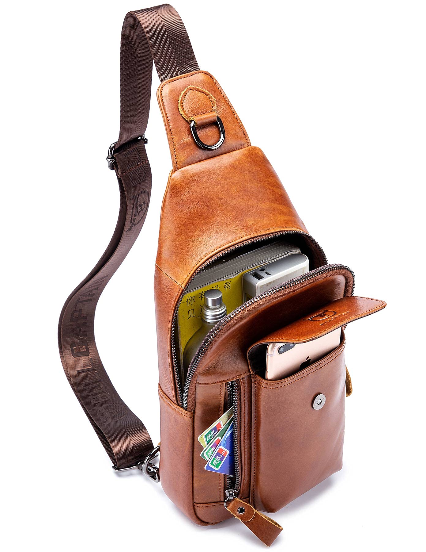 BULLCAPTAIN Genuine Leather Sling Bag for Men Leather Casual Crossbody Shoulder Backpack Travel Hiking Vintage Chest Bags Mens Daypacks (Brown)