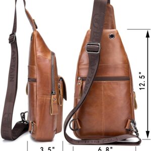 BULLCAPTAIN Genuine Leather Sling Bag for Men Leather Casual Crossbody Shoulder Backpack Travel Hiking Vintage Chest Bags Mens Daypacks (Brown)