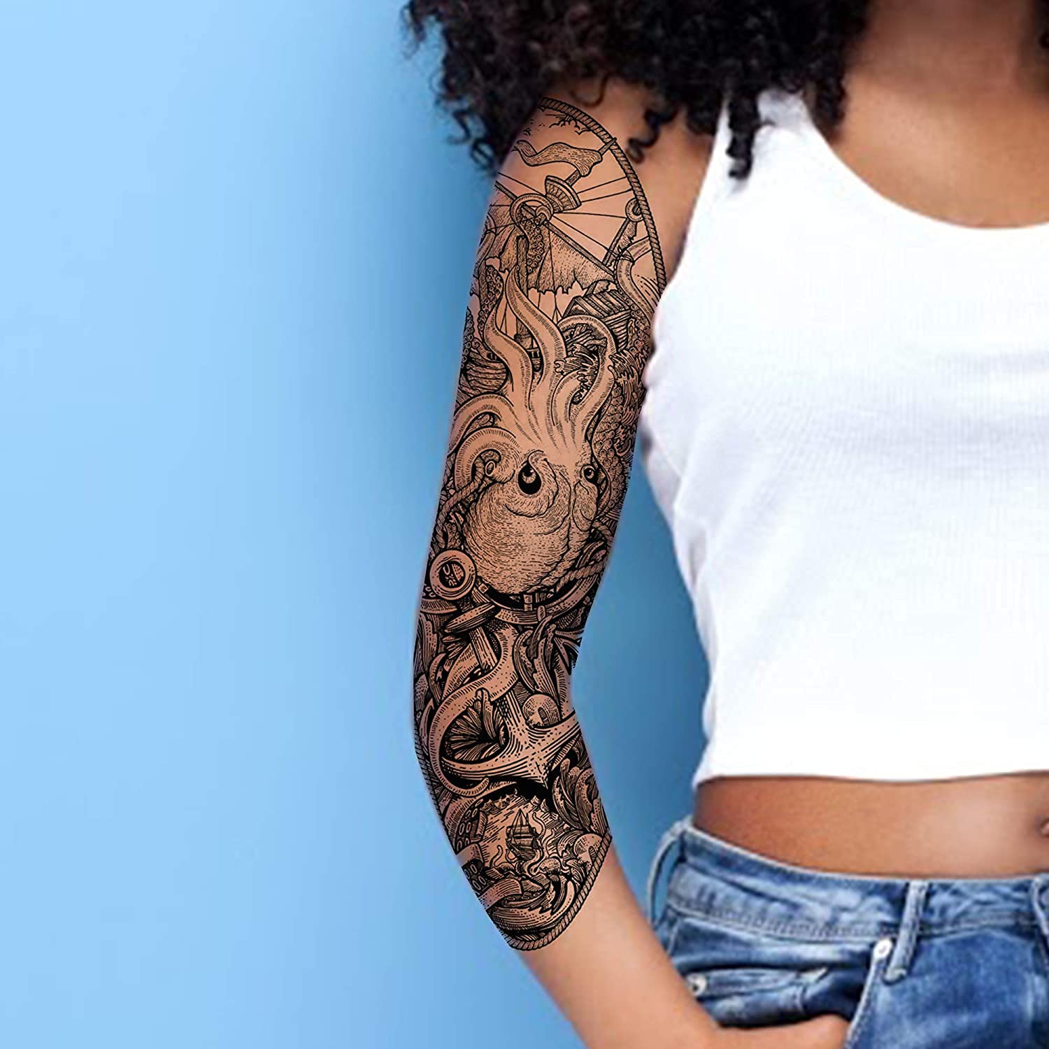 Tatodays 2 x Temporary tattoo full arm caribbean pirate kraken stick on body art transfer for women and men cosplay halloween adult temp tattoo for arms fancy dress