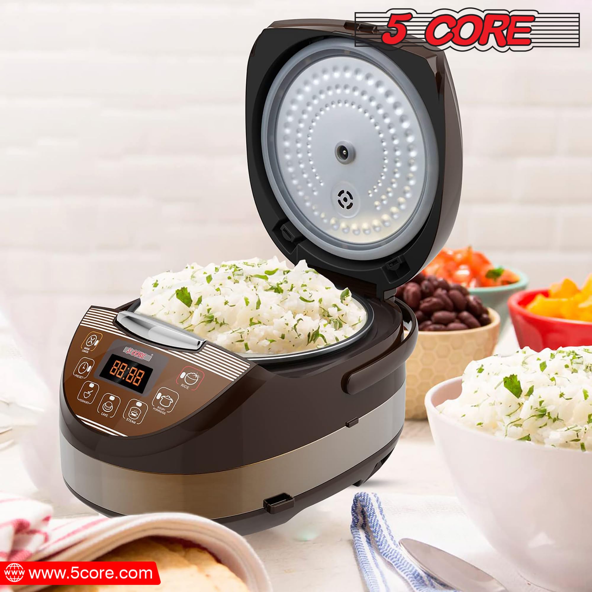 5 Core 5.3Qt Asian Rice Cooker Digital Programmable 15-in-1 Ergonomic Large soft Touch push button Electric Multi Cooker, Steamer Pot, Warmer 21 Cups 24 Hour Delay Timer Auto Keep Warm Feature RC 0502