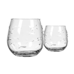 rolf glass school of fish stemless red wine glass 16.75 oz | made in the usa | tumbler wine glasses | lead-free | etched stemless wine glasses (set of 2)