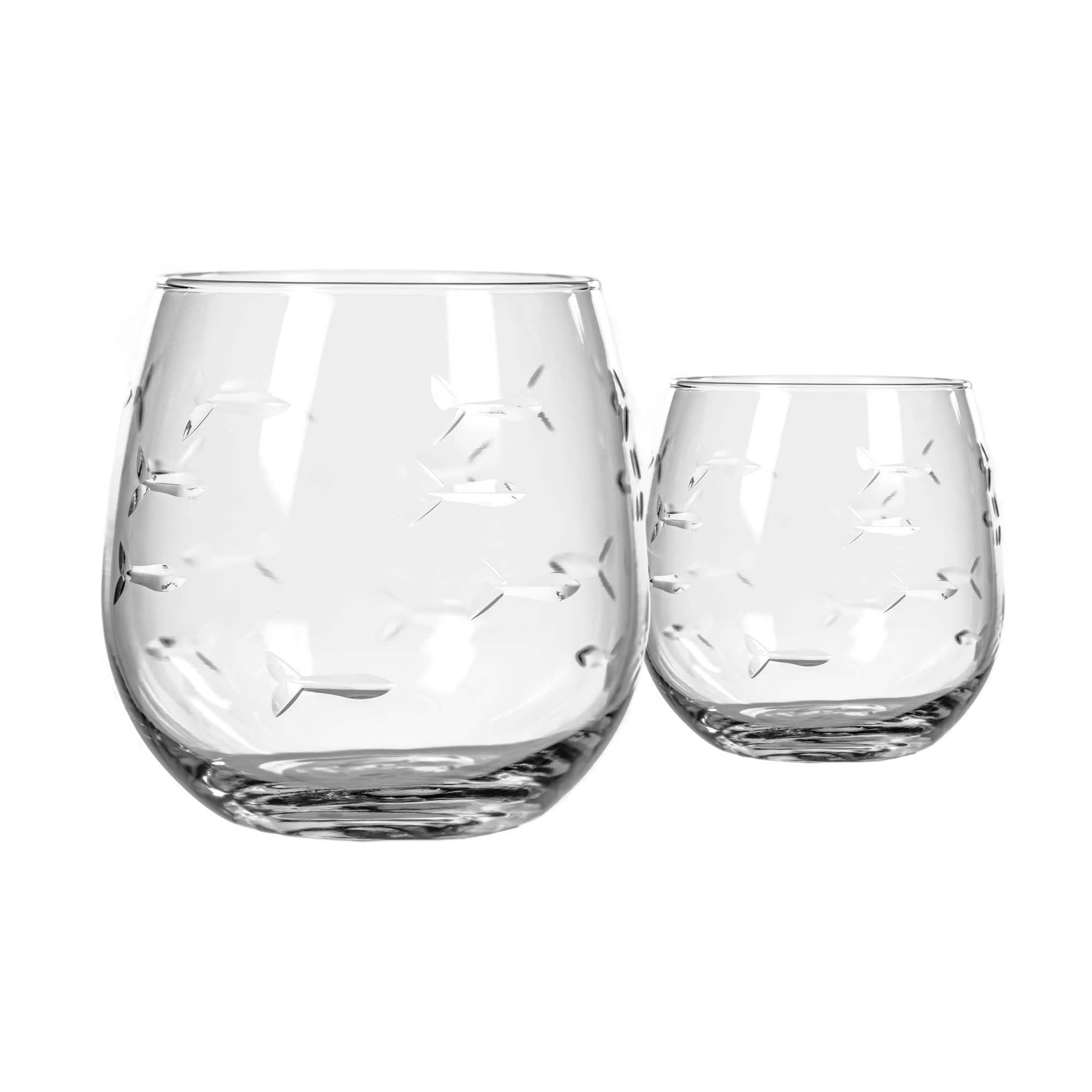 Rolf Glass School of Fish Stemless Red Wine Glass 16.75 oz | Made in the USA | Tumbler Wine Glasses | Lead-Free | Etched Stemless Wine Glasses (Set of 2)