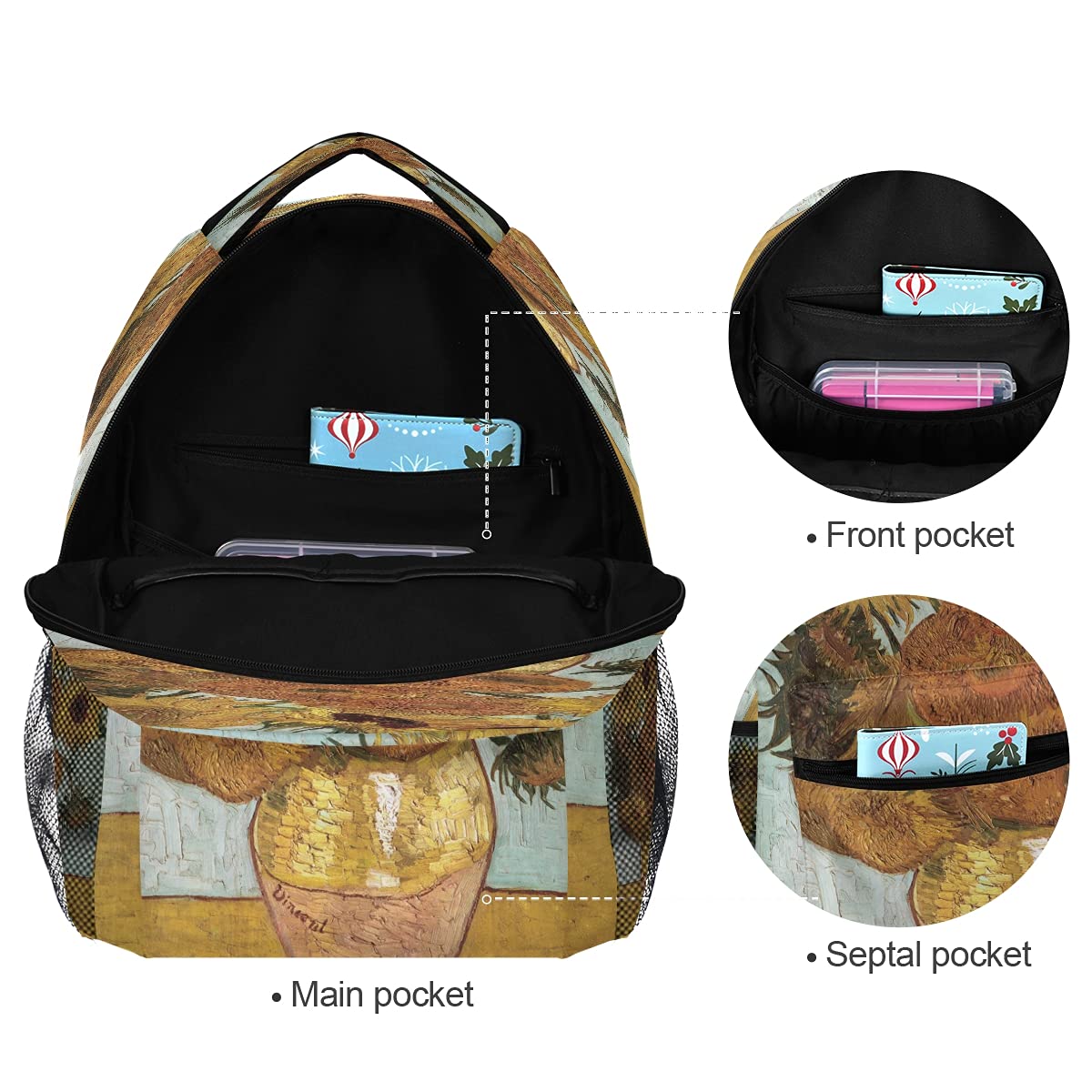 xigua Van Gogh Sunflower Art Backpack Bookbags Laptop Backpack for Boys Girls Teens, College Backpack Water Resistant Travel Bookbag