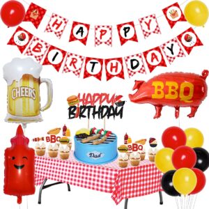 fangleland bbq birthday party decorations babyq happy birthday banner cupcake toppers red checkered picnic tablecloth pig sauce bottle balloons for picnic party supplies