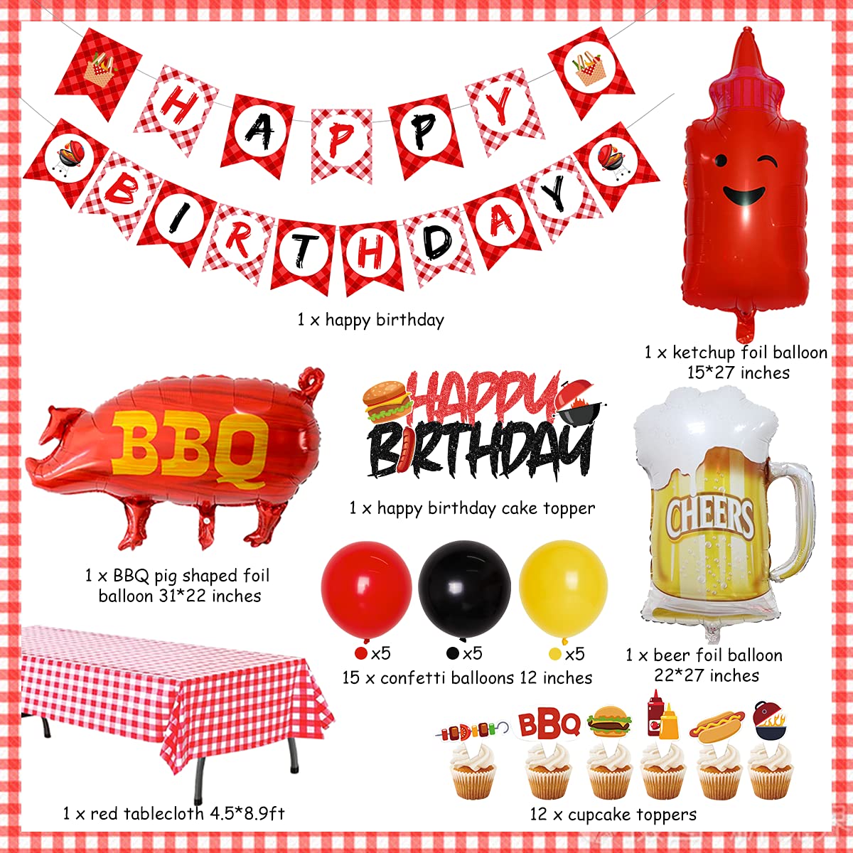 Fangleland BBQ Birthday Party Decorations BabyQ Happy Birthday Banner Cupcake Toppers Red Checkered Picnic Tablecloth Pig Sauce Bottle Balloons for Picnic Party Supplies