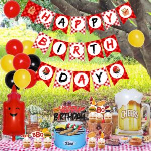 Fangleland BBQ Birthday Party Decorations BabyQ Happy Birthday Banner Cupcake Toppers Red Checkered Picnic Tablecloth Pig Sauce Bottle Balloons for Picnic Party Supplies