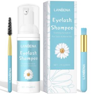 eyelash extension cleanser, lash shampoo with 2 brushes, eyelash extension shampoo, chamomile eyelash foam cleaner, paraben & sulfate & oil free for salon and home use (60ml 2 fl oz)