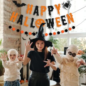 CAVLA Glitter Happy Halloween Banner and Circle Dots Garland Black Orange Glittery Halloween Garland Banner with Bat and Spider Signs Halloween Haunted Houses Wall Fireplace Party Decorations Supplies