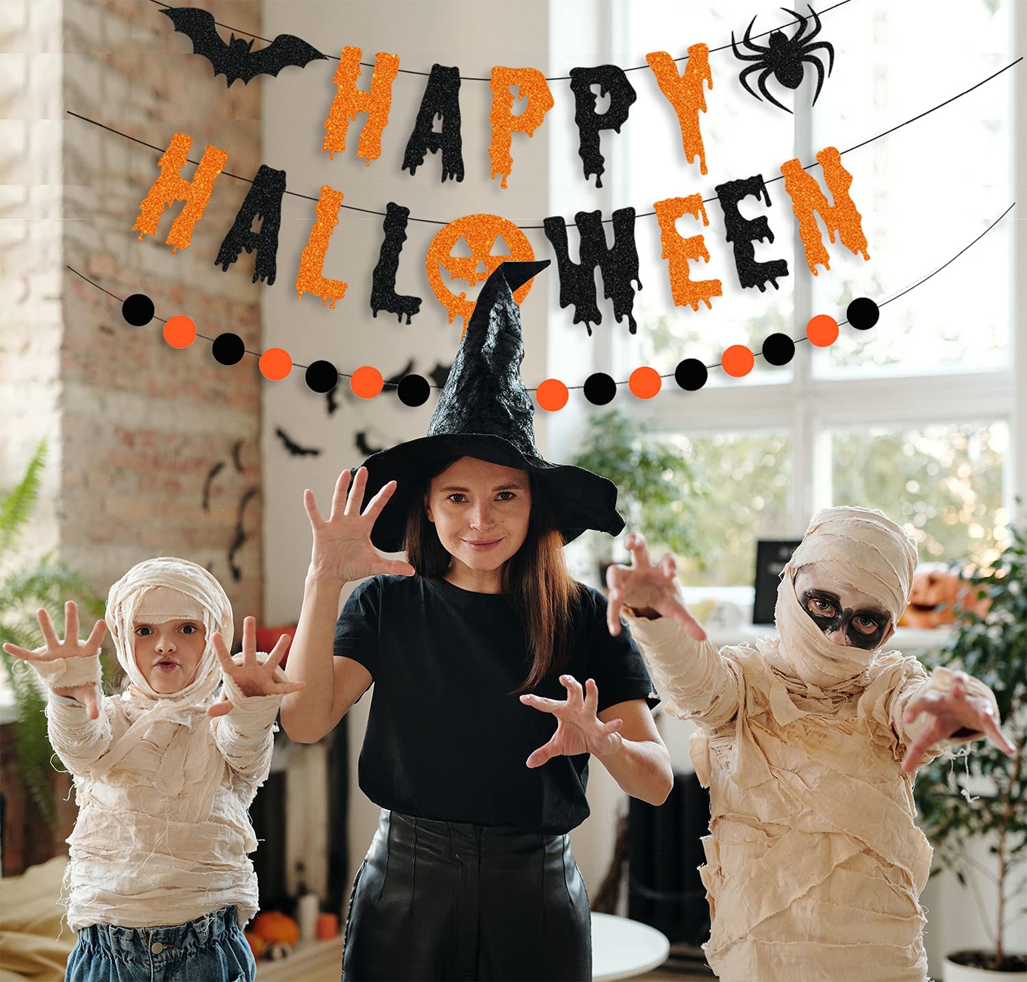 CAVLA Glitter Happy Halloween Banner and Circle Dots Garland Black Orange Glittery Halloween Garland Banner with Bat and Spider Signs Halloween Haunted Houses Wall Fireplace Party Decorations Supplies