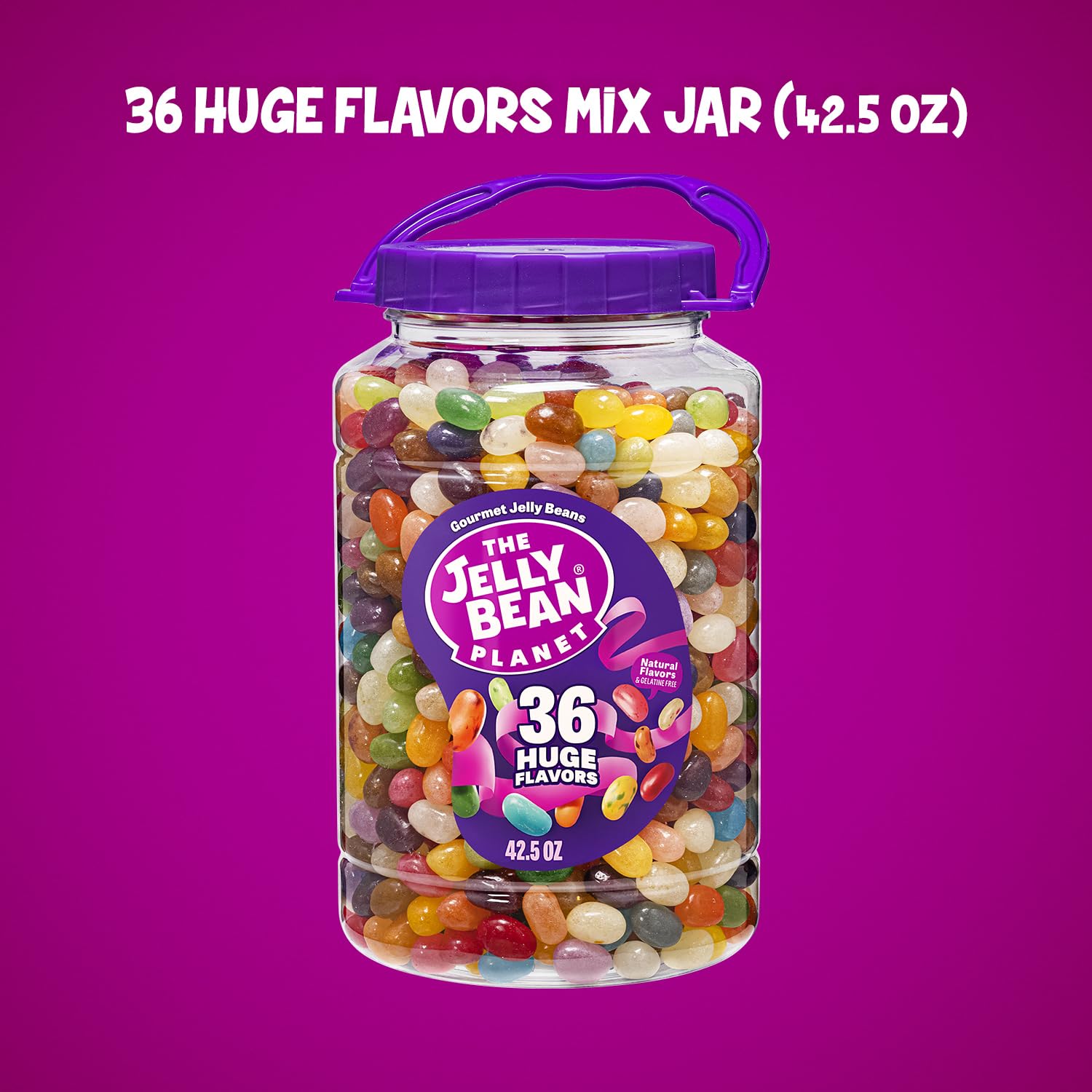 The Jelly Bean Planet 36 Huge Flavors 42.5 oz Jar - Jelly Beans - Chewy Fruit Flavored Candy - Gluten free Snacks - Candy Bulk - Party Gift