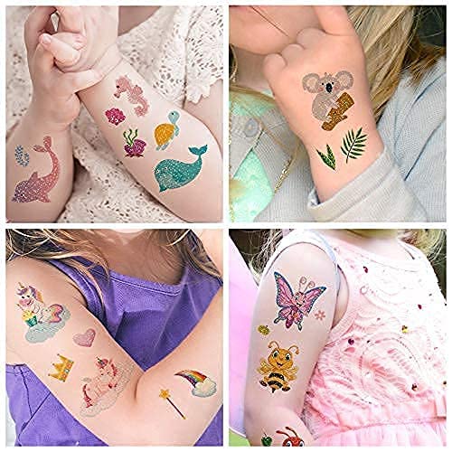 Temporary Tattoos for Kids | 120 Glitter + 20 Luminous Birthday Gift,Kids Party Favors Mermaid Butterfly Animal Dinosaur Pirate Space Fake