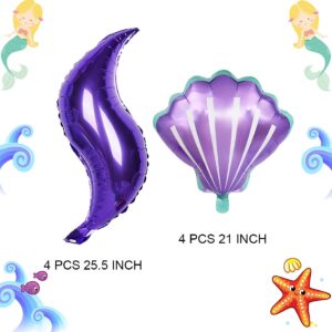 8 Pcs Mermaid Tail Balloons and Seashell Balloons 25.5 inch Large Purple Mermaid Tail Foil Balloons for Wedding Summer Beach Mermaid Sea Themed Birthday Party Decorations Supplies