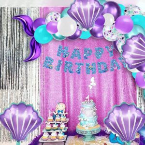 8 Pcs Mermaid Tail Balloons and Seashell Balloons 25.5 inch Large Purple Mermaid Tail Foil Balloons for Wedding Summer Beach Mermaid Sea Themed Birthday Party Decorations Supplies