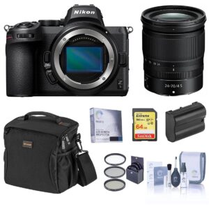 nikon z5 full frame mirrorless camera with nikkor z 24-70mm f/4 s lens - bundle with bag, 64gb sd card, filter kit, extra battery, screen protector, cleaning kit