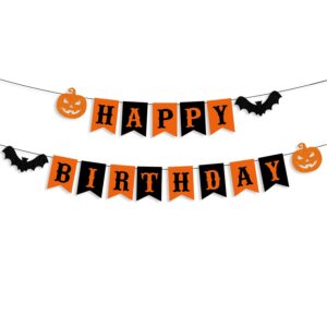 ptfny halloween happy birthday banner black orange halloween birthday bunting banner with pumpkin and bat signs halloween themed birthday party decorations for wall fireplace party decor supplies