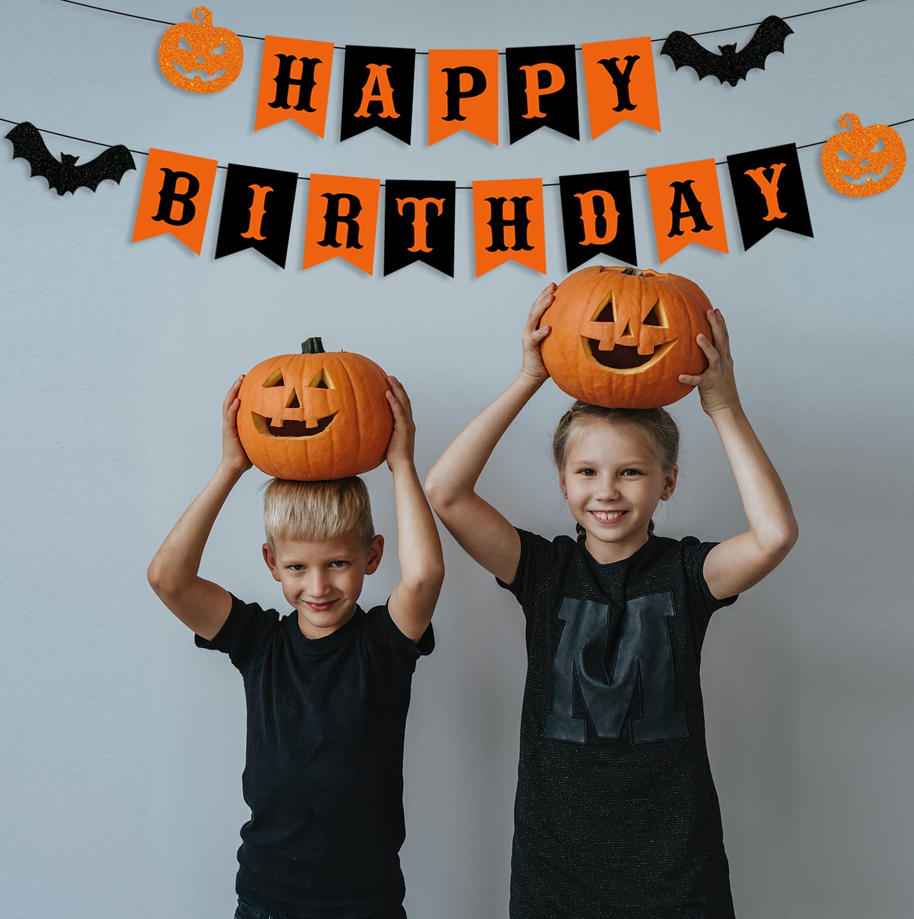 PTFNY Halloween Happy Birthday Banner Black Orange Halloween Birthday Bunting Banner with Pumpkin and Bat Signs Halloween Themed Birthday Party Decorations for Wall Fireplace Party Decor Supplies