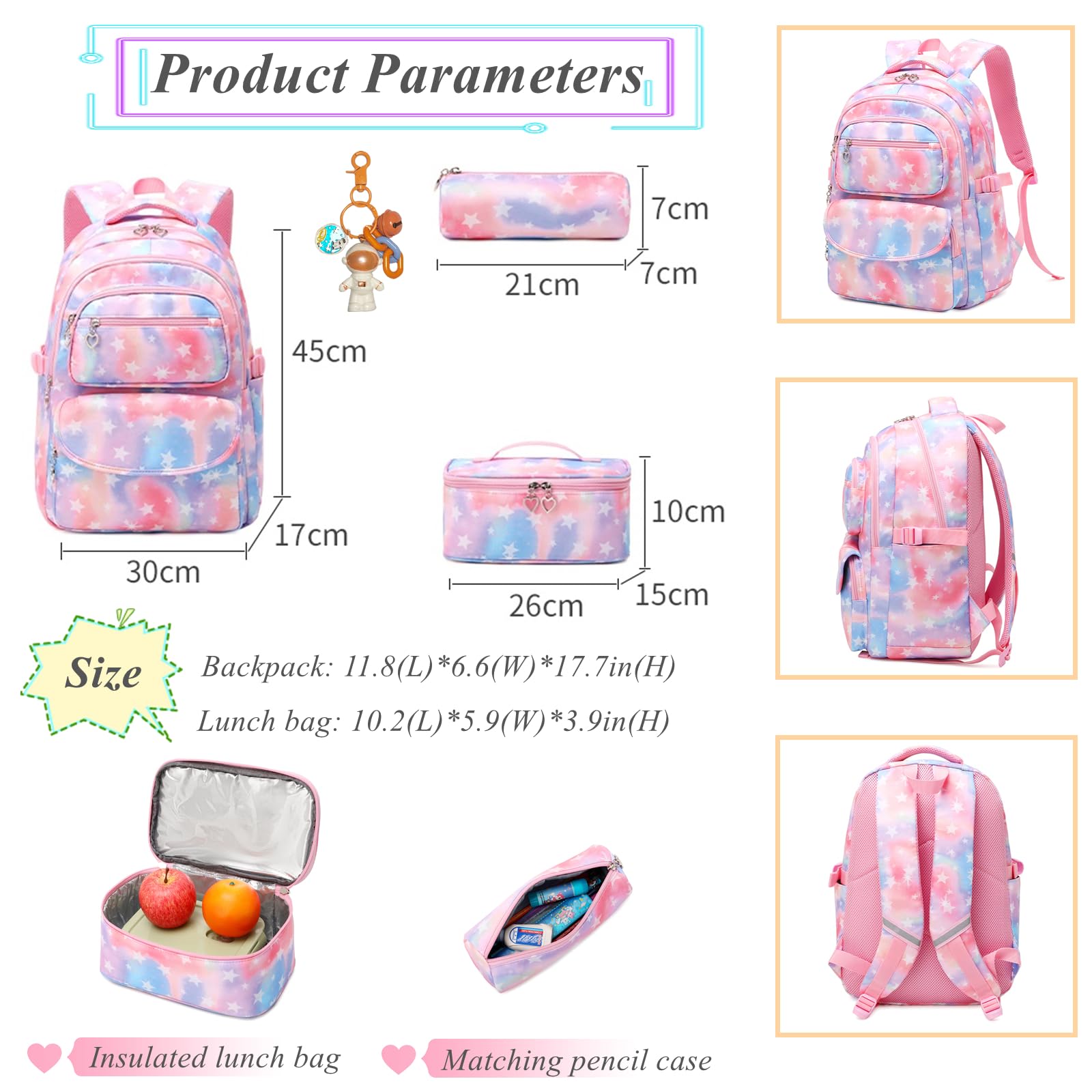 Gradient-Star Backpack and Lunch Bag Set for Girls School Bookbag Box, Lunchbox Combo Girls, Star Print