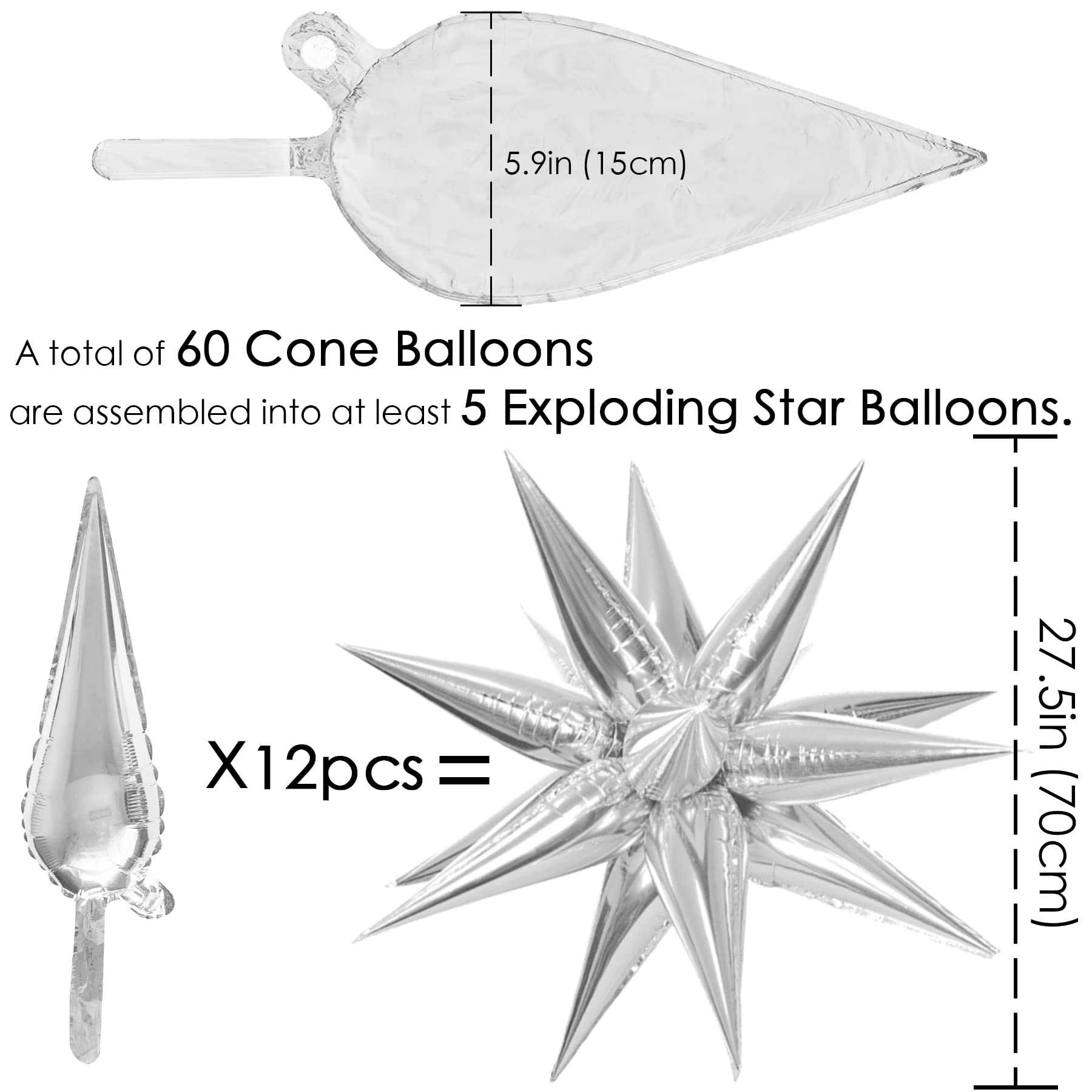 ZAKVOOR Starburst Balloons, 60 Pcs Star Balloons 12 Spike Foil Explosion Party Decoration Balloons for Christmas New Year Eve Birthday (Silver)