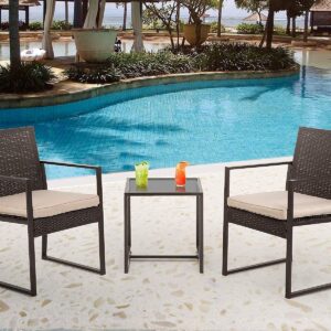 FDW Wicker Bistro Rattan Chair Conversation Sets for Yard Lawn Balcony Poolside Backyard,Black