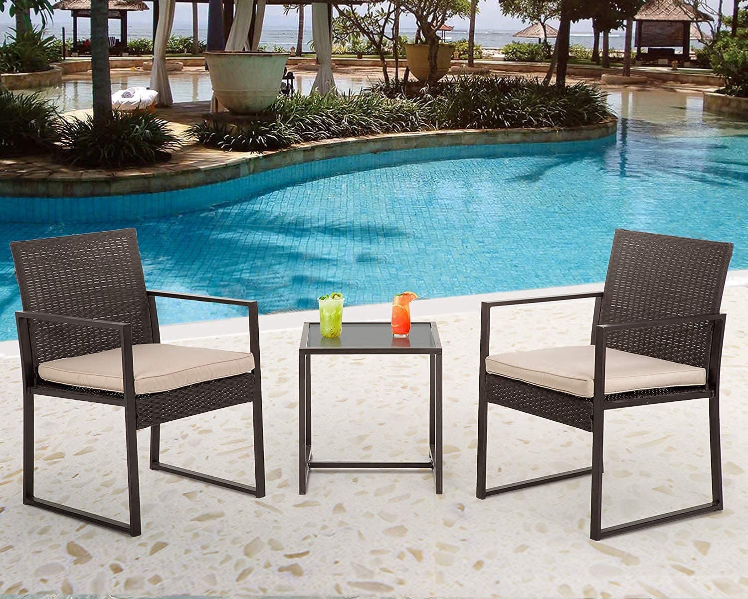 FDW Wicker Bistro Rattan Chair Conversation Sets for Yard Lawn Balcony Poolside Backyard,Black