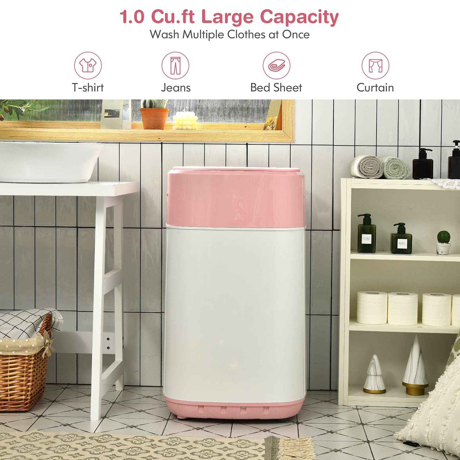 COSTWAY Portable Washing Machine, Built-in Drain Pump, 8Lbs Capacity, Full-Automatic washer with 6 Programs, Child Lock, Compact Laundry Washer for RV, Dorm, Apartment, Pink