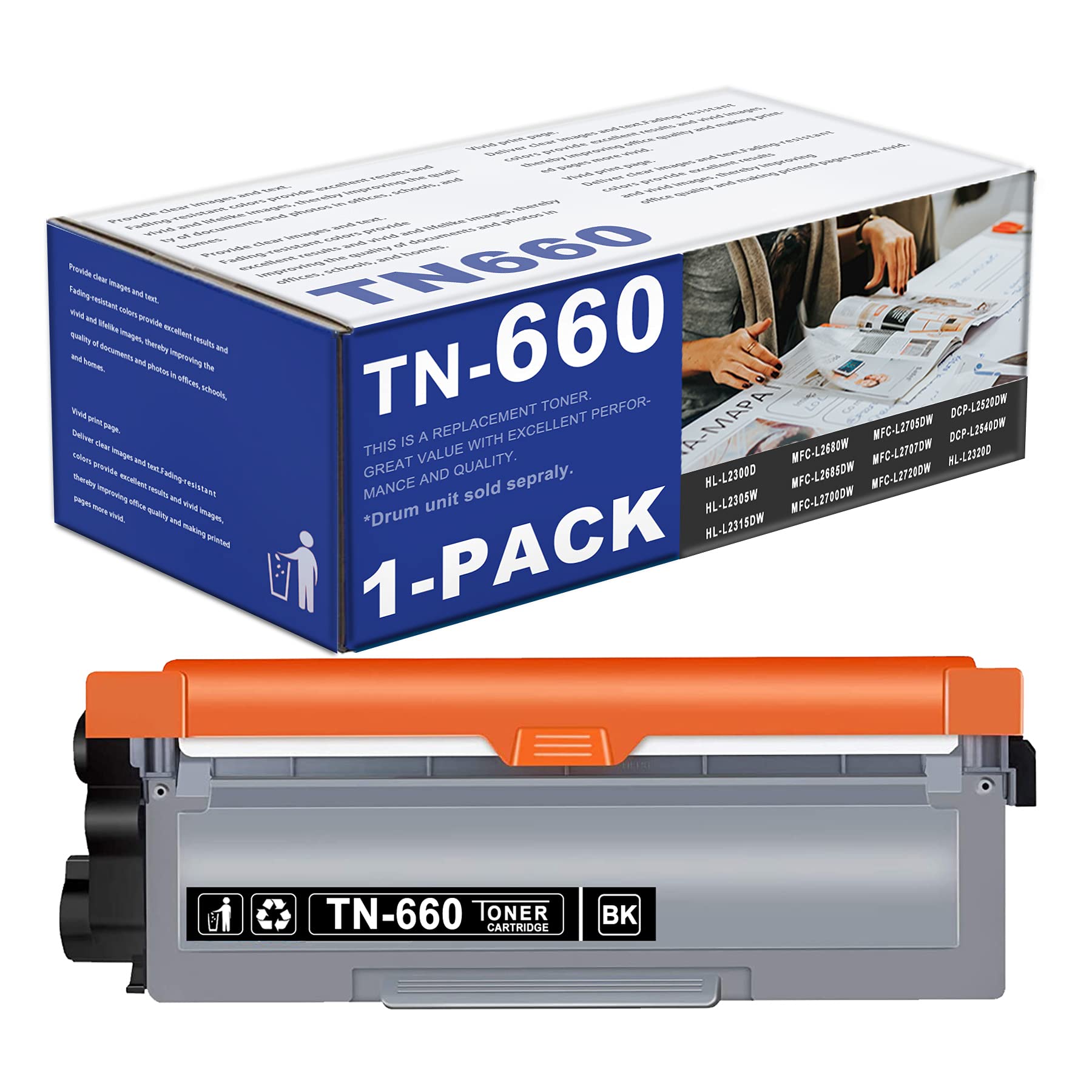 1-Pack TN660 TN-660 Black High Yield Toner Cartridge Toner Replacement for Brother MFC-L2700DW L2705DW HL-L2300D L2315DW L2305W L2320D L2360DW L2380DW L2340DW DCP-L2520DW Printer