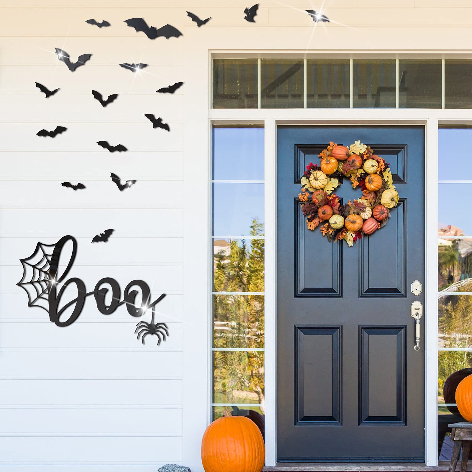 Zonon Halloween Spider Bat Wall Decor Bat Boo Decorations Wall Decal 3D Bats Decor Wall Stickers Self Adhesive DIY Halloween Mirror Decor Removable Spider Acrylic Sticker for Window Wall(Black)