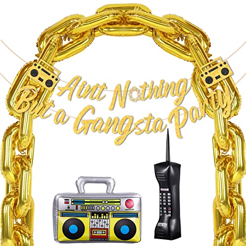 Fangleland Hip Hop Party Decorations Ain't Nothing But a Gangsta Banner Jumbo Chain Balloons Retro 70s 80s 90s Inflatable Radio Boombox Decor