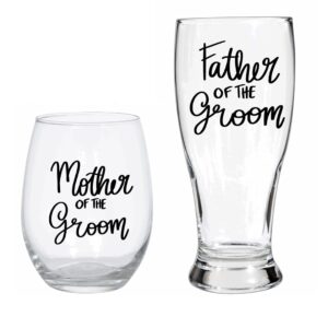 jemley wedding gift set for mother of the groom & father of the groom | stemless wine glass & beer pint set | wedding present for groom's parents