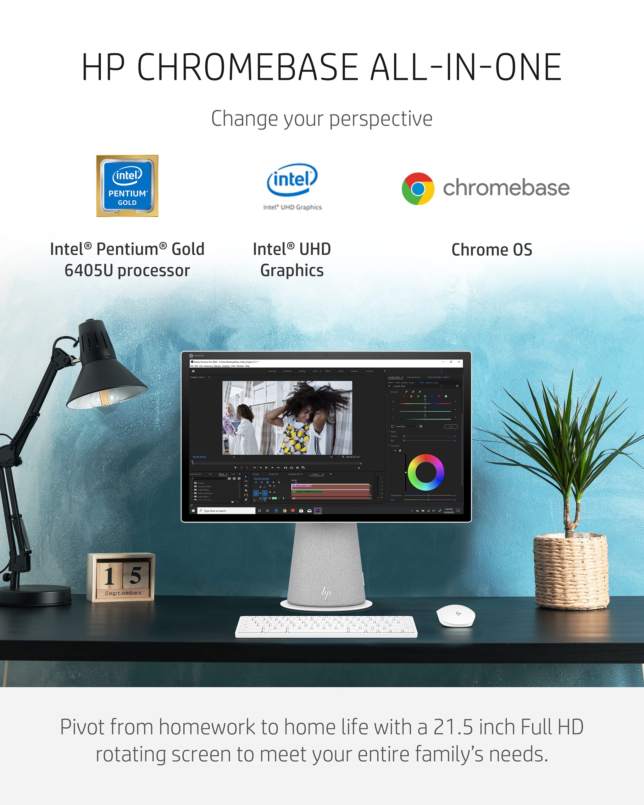 HP Chromebase 21.5" All-in-One Desktop, Intel Pentium Gold 6405U Processor, 4 GB RAM, 128 GB SSD, Rotating Full HD IPS Touchscreen, Chrome OS, Bluetooth Keyboard and Mouse Combo (22-aa0022, 2021)