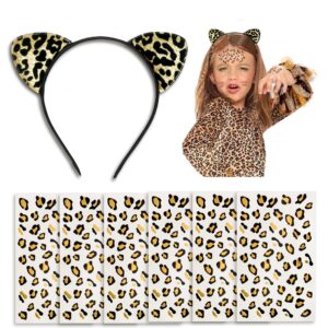 tuoyi 6pcs gold and black golden leopard cheetah print temporary tattoo stickers and cat ears headband, festival costume halloween party decor