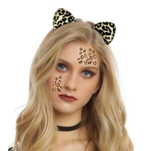Tuoyi 6pcs Gold and Black Golden Leopard Cheetah Print Temporary Tattoo Stickers and Cat Ears Headband, Festival Costume Halloween Party Decor