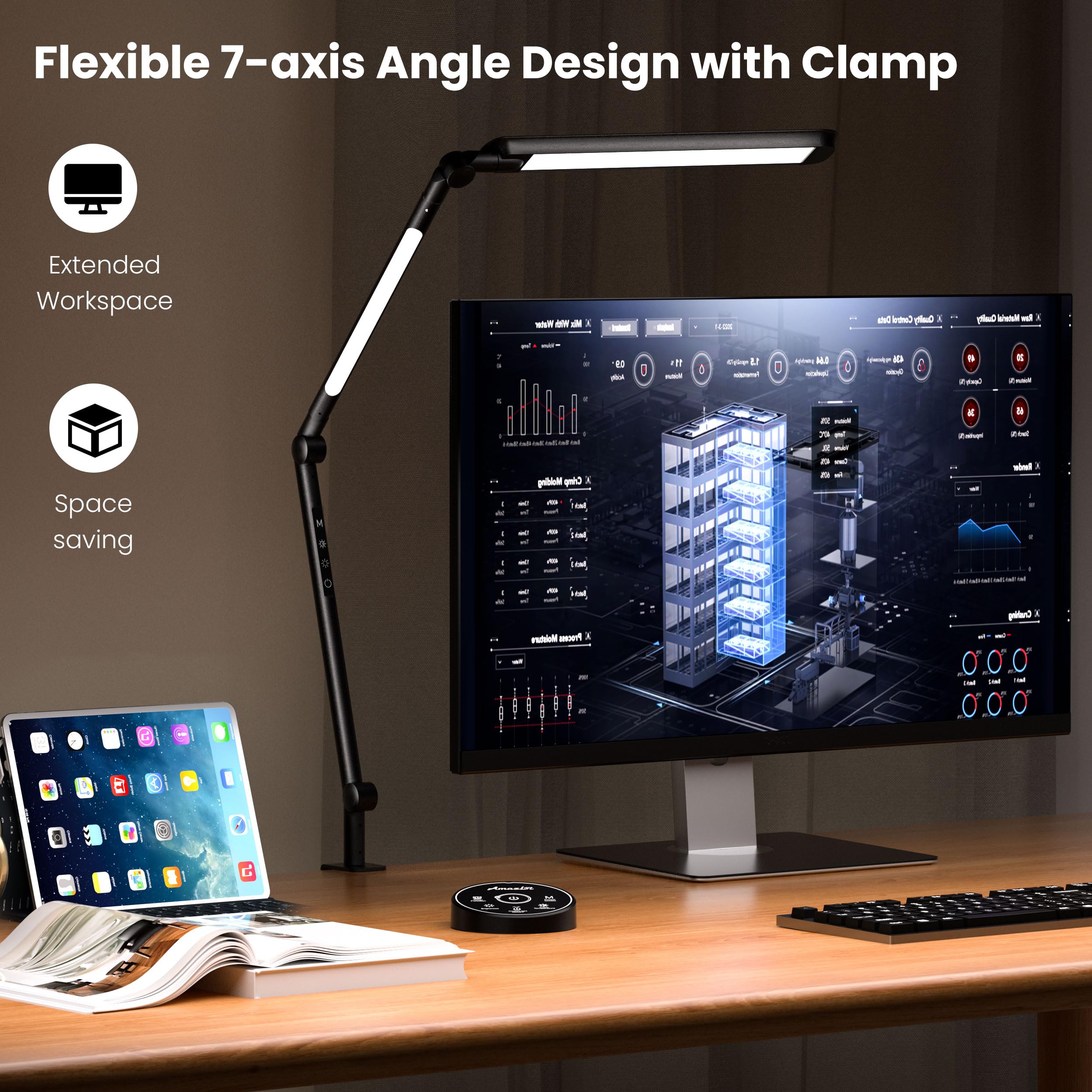 AmazLit LED Desk Lamp with Clamp, Desk Light, Adjustable Brightness & Color Temperature, Modern Architect Clip on Lamp with Memory & Timer Function, Clamp Light for Study, Work, Home, Office, 15W