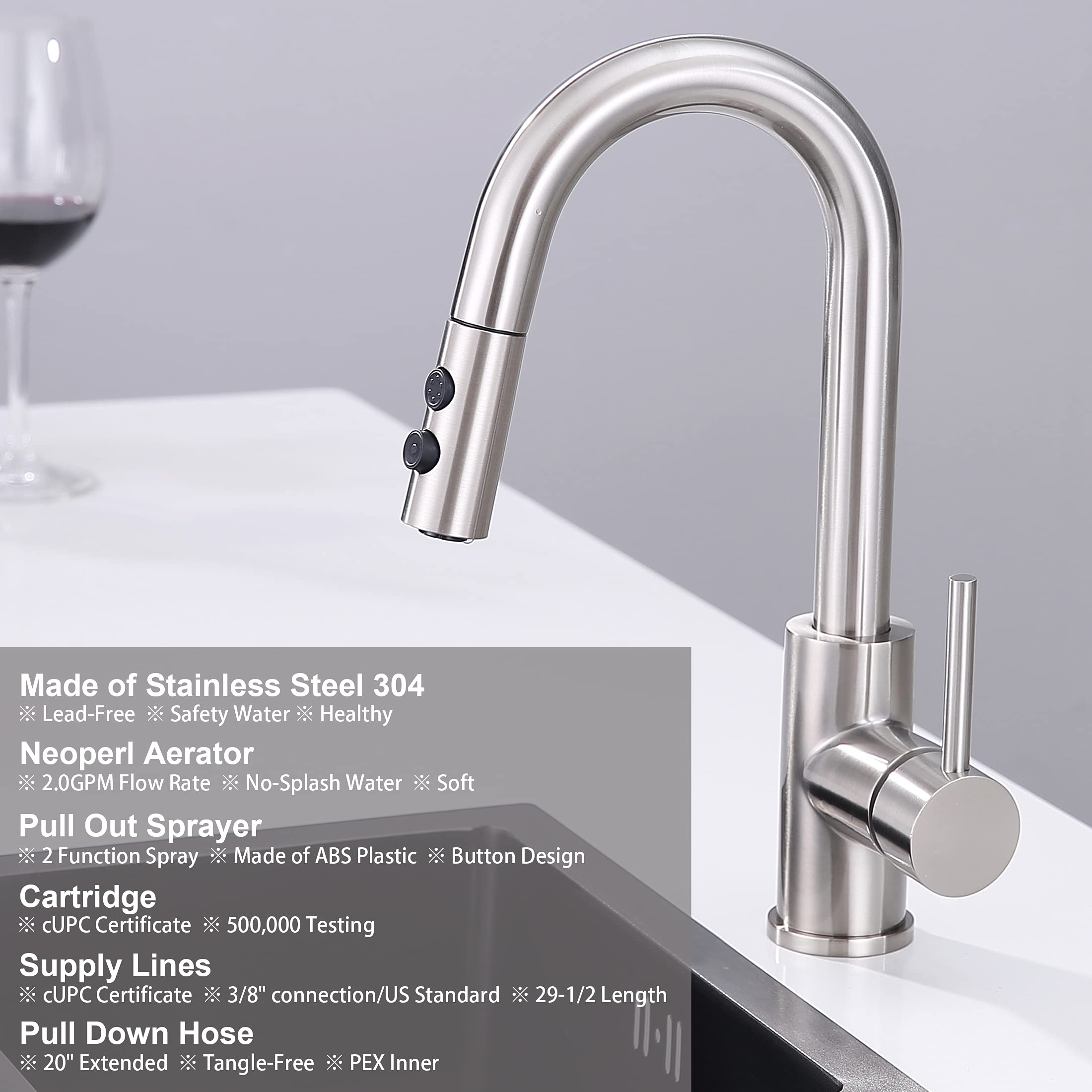 Bar Faucet with Pull Out Sprayer Single Hole, JXMMP Single Handle Stainless Steel Brushed Nickel Bar Sink Faucets with Sprayer, Modern Small Kitchen Sink Faucet with cUPC Supply Hose