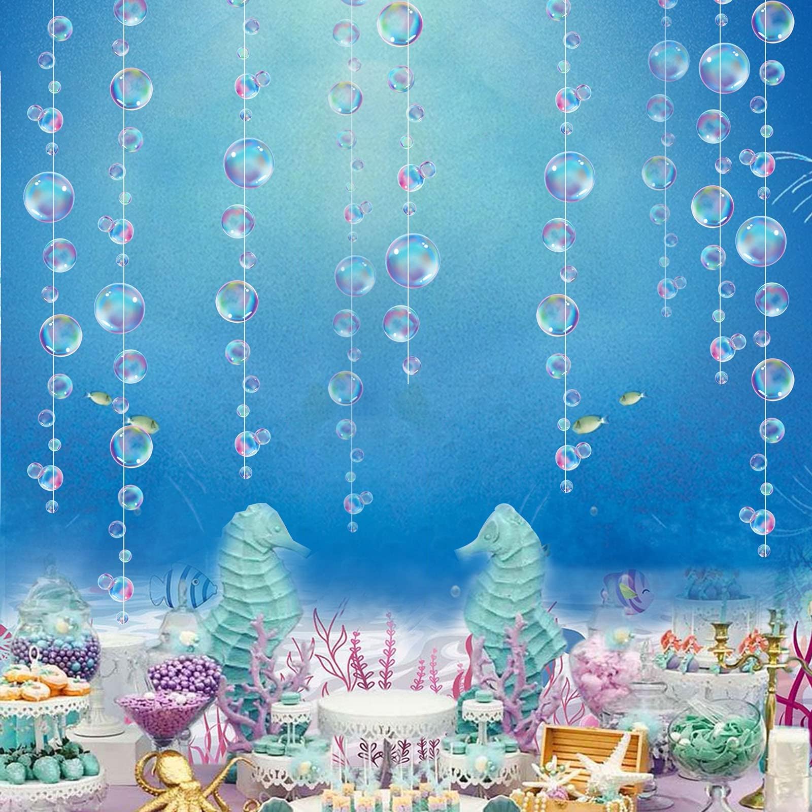 Decor365 Little Mermaid Party Decorations Puple Blue Bubble Garlands Hanging Bubbles Streamer Banner Backdrop Decor Ocean Under The Sea Beach Pool Side Decor Theme Girls Birthday Party Supplies