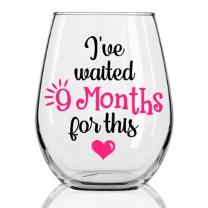 dyjybmy i've waited 9 months for this wine glass, funny new mom stemless wine glass, pregnancy gift for first time moms, baby shower presents, pregnancy announcement gift, new mommy gift