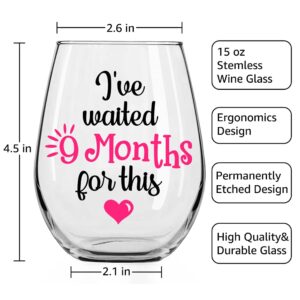 DYJYBMY I've Waited 9 Months For This Wine Glass, Funny New Mom Stemless Wine Glass, Pregnancy Gift for First Time Moms, Baby Shower Presents, Pregnancy Announcement Gift, New Mommy Gift