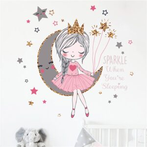 rofarso colorful cute lovely wall stickers for kids peel and stick removable wall decals diy decorations decor for nursery baby girls bedroom playroom living room (girl sitting on the moon)