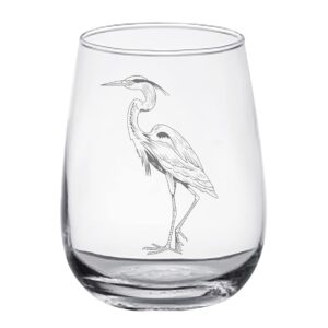 HullSpeed Designs Blue Heron - Set of 2 Stemless Wine Glasses - Laser Engraved