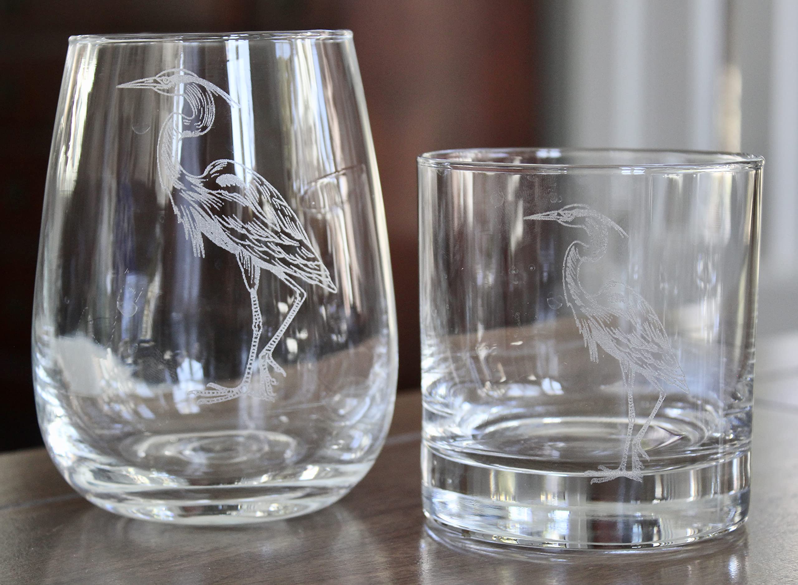 HullSpeed Designs Blue Heron - Set of 2 Stemless Wine Glasses - Laser Engraved