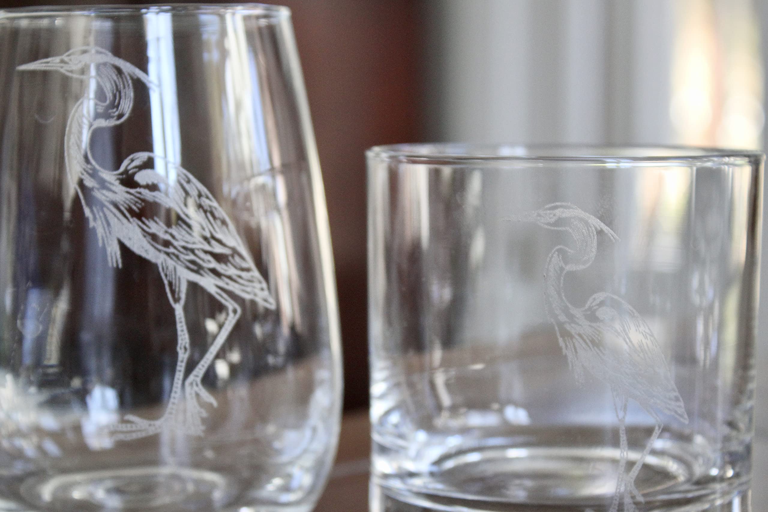 HullSpeed Designs Blue Heron - Set of 2 Stemless Wine Glasses - Laser Engraved