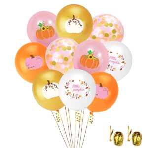 little pumpkin party balloons, fall maple leaf pumpkin balloons with pink gold orange confetti balloons garland for fall birthday little pumpkin baby shower wedding thanksgiving party decorations