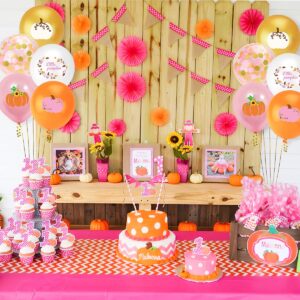 Little Pumpkin Party Balloons, Fall Maple Leaf Pumpkin Balloons with Pink Gold Orange Confetti Balloons Garland for Fall Birthday Little Pumpkin Baby Shower Wedding Thanksgiving Party Decorations