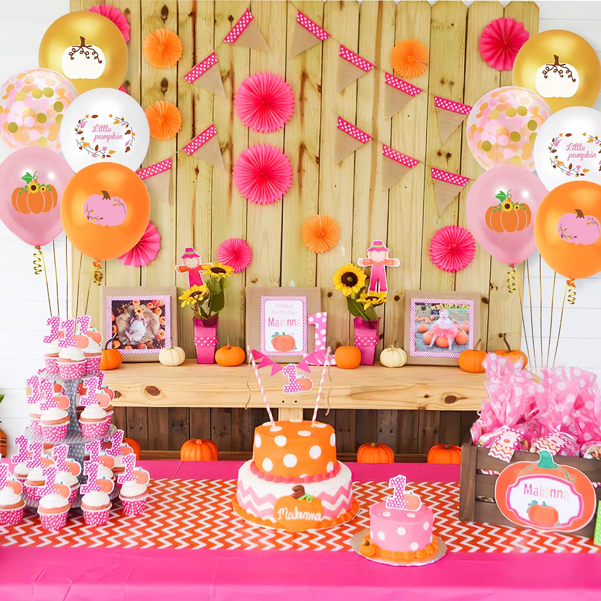 Little Pumpkin Party Balloons, Fall Maple Leaf Pumpkin Balloons with Pink Gold Orange Confetti Balloons Garland for Fall Birthday Little Pumpkin Baby Shower Wedding Thanksgiving Party Decorations